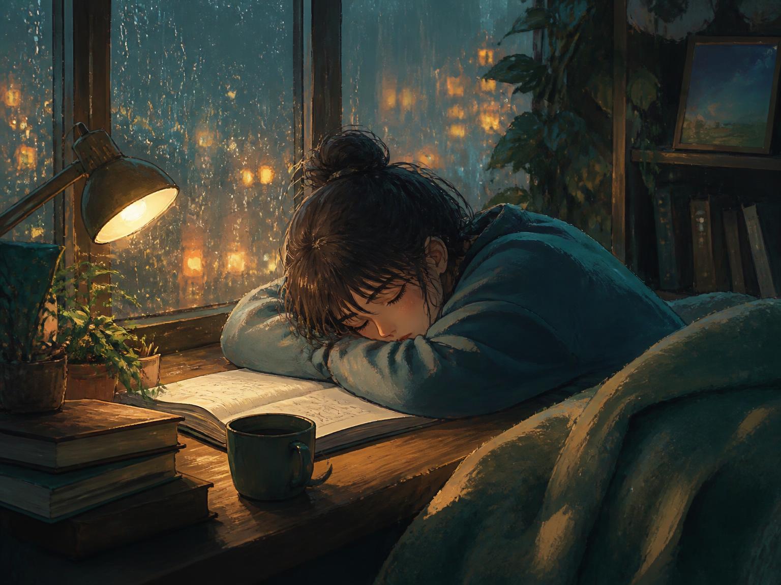 Illustrated character asleep at a desk beside a rain streaked window, a small lamp glowing beside a mug and books